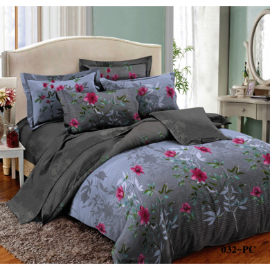 Комплект постельного белья Cleo Цветы и полоски поплин, двуспальный евро