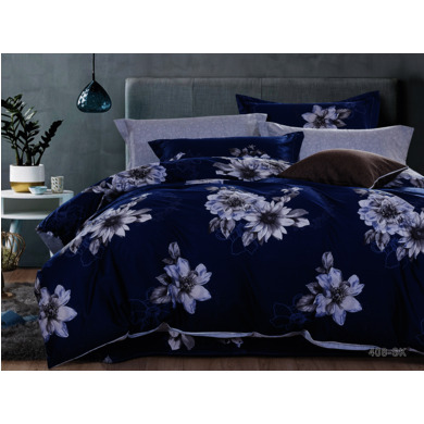 Комплект постельного белья Cleo Цветы на синем фоне сатин, 1,5 сп. 