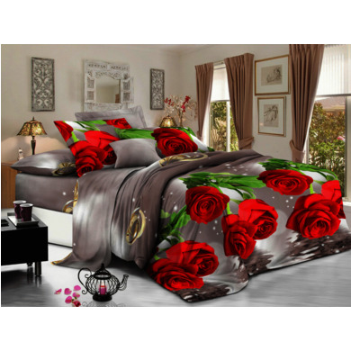 Комплект постельного белья Cleo Алые розы на сером фоне полисатин, 1,5 сп.