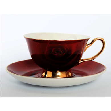 Набор чайных пар "Бордовая роза Золото" (чашка 220 мл + блюдце) на 6 персон