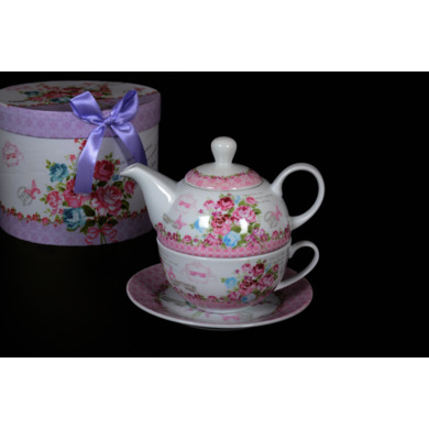 Набор для чая "Розовые розы" (чашка 350 мл с блюдцем и чайник 380 мл)