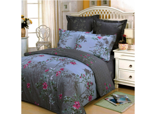 Комплект постельного белья Сайлид Розовые цветы на сером фоне сатин двуспальный