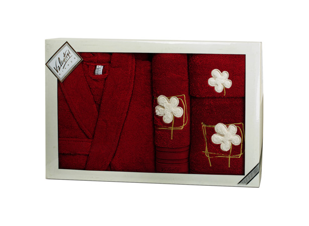 Набор Valentini Flower 2 бордовый (халат разм L + 3 полотенца 30х50 см 50х100 см 70х140 см)