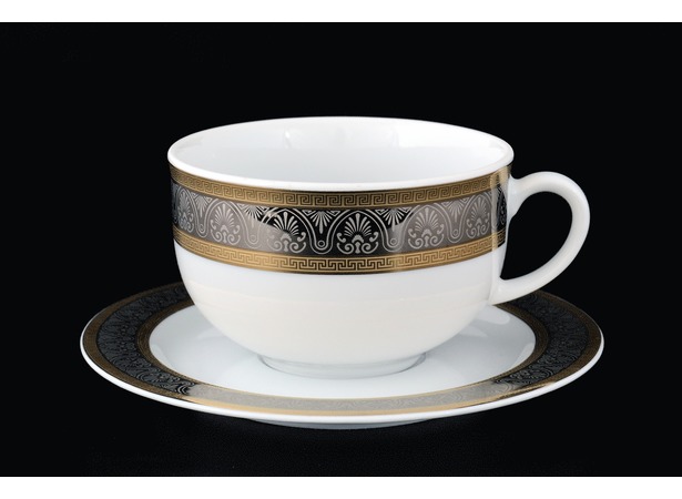 Набор чайных пар Опал Широкий кант платина золото (чашка 280 мл + блюдце) на 6 персон 12 предметов