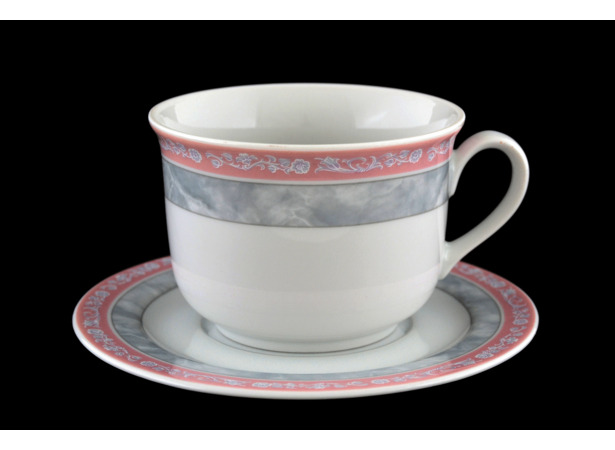Набор чайных пар Яна Серый мрамор с розовым кантом (чашка 380 мл + блюдце) на 6 персон 12 предметов