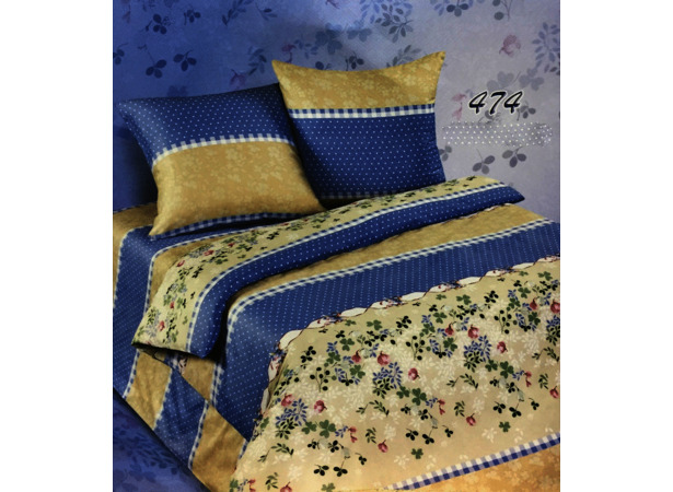 Комплект постельного белья Экзотика Бежево-синий с растительным орнаментом сатин сем