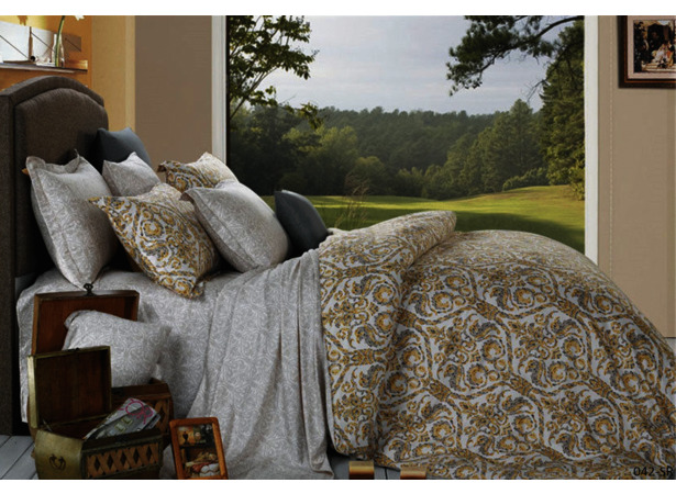 Комплект постельного белья Cleo Желтый орнамент на сером фоне сатин двуспальный