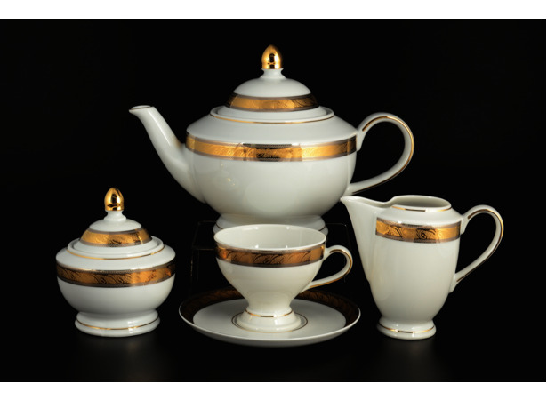 Чайный сервиз Кристина Платиновая золотая лента на 6 персон 15 предметов