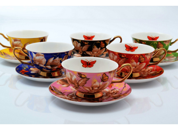 Набор чайных пар Цветы и бабочки (чашка 200 мл + блюдце) на 6 персон