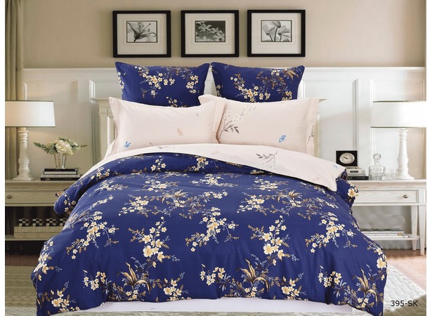 Комплект постельного белья Cleo Кремово-синий с цветами сатин евро макси