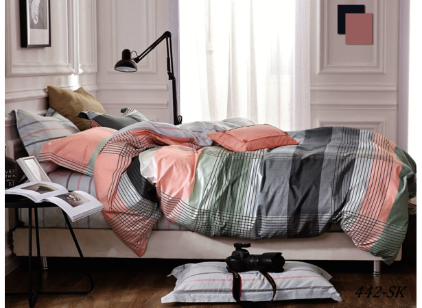 Комплект постельного белья Cleo Серо-розовый в полоску сатин двуспальный