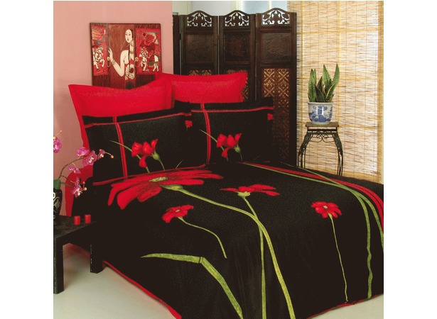 Комплект постельного белья Красные цветы на черном фоне сатин евро макси