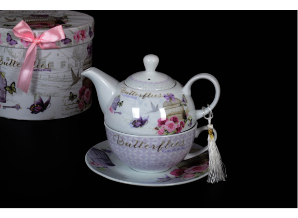 Набор для чая Розы и бабочки (чашка 350 мл с блюдцем и чайник 380 мл)