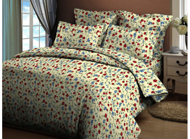Комплект постельного белья Cleo Орнамент с красными и голубыми цветами 3D бязь двуспальный евро