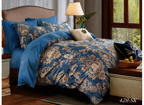 Комплект постельного белья  Cleo Бежевые узоры на голубом фоне сатин двуспальный