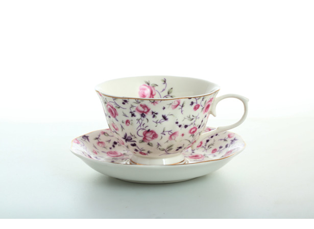 Набор чайных пар Розовые и фиолетовые цветы (чашка 200 мл + блюдце) на 6 персон
