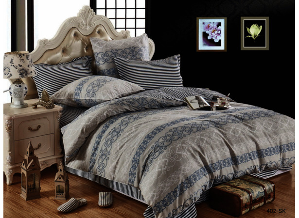 Комплект постельного белья Cleo Бежево-серый с узором и полосками сатин евро макси