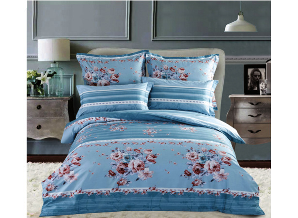 Комплект постельного белья Сайлид Цветы и полоски на голубом фоне сатин 15 сп