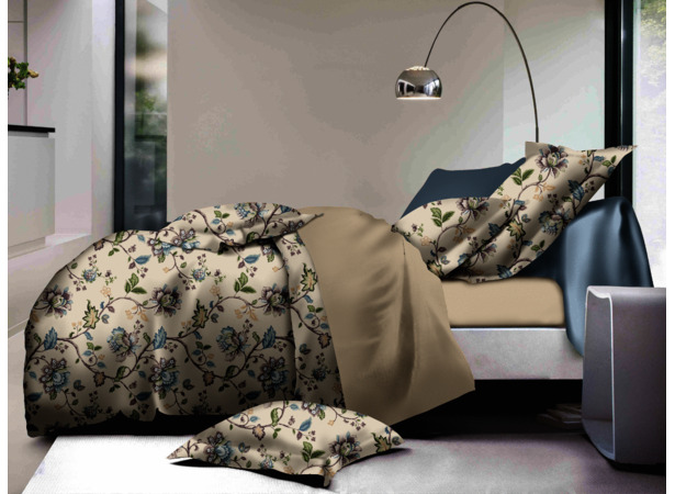 Комплект постельного белья Cleo Цветочный орнамент на бежево-сером фоне микросатин 15 сп