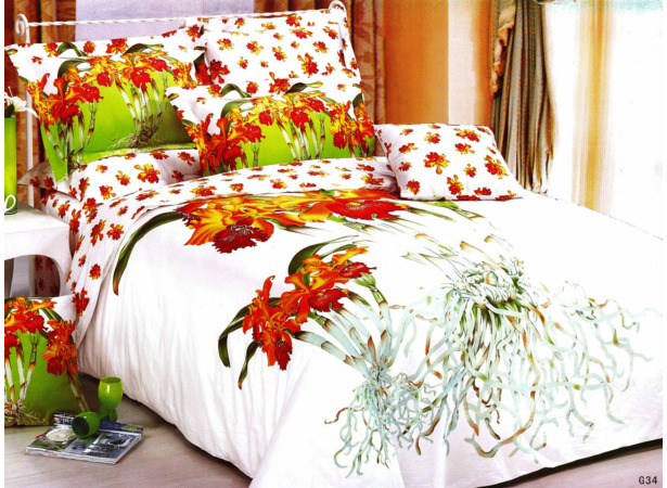 Комплект постельного белья Желто-красные цветы сатин евро макси