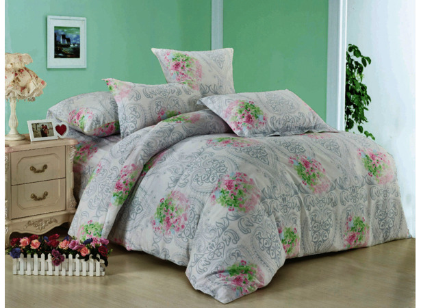 Комплект постельного белья Cleo Орнамент и цветы на сером фоне бязь 15 сп