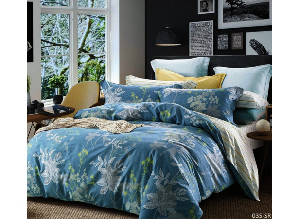 Комплект постельного белья Cleo Голубой с растительным орнаментом сатин двуспальный