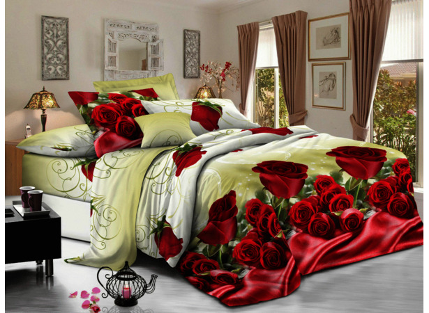 Комплект постельного белья Cleo Красные розы на зеленом фоне полисатин 15 сп