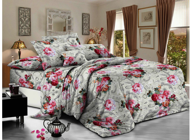 Комплект постельного белья Cleo Розовые цветы на сером фоне полисатин евро макси
