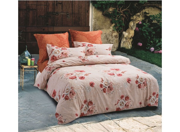 Комплект постельного белья Сайлид Цветы на розово-бежевом фоне сатин 15 сп