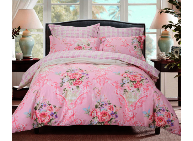 Комплект постельного белья Сайлид Цветы на розовом фоне сатин двуспальный евро
