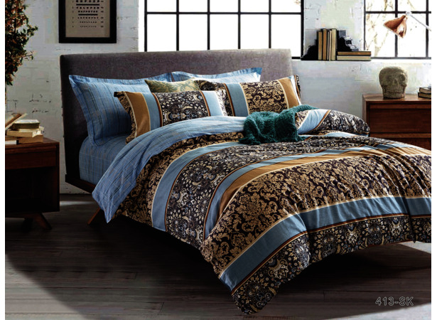 Комплект постельного белья Cleo Голубой с полосками и узорами сатин двуспальный