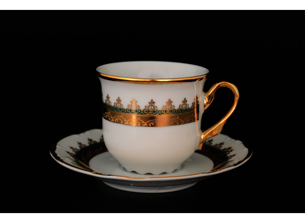 Набор кофейных пар Констанция Изумруд Золотой орнамент (чашка 150 мл + блюдце) на 6 персон