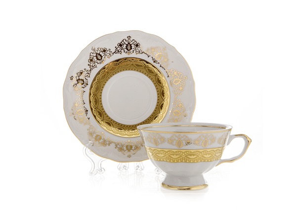 Набор для чая Лист белый Золото (чашка 200 мл + блюдце) на 6 персон 12 предметов