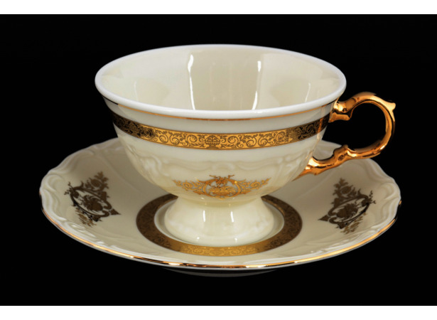 Набор чайных пар Мария Луиза Золотые вензеля Слоновая кость (чашка 220 мл + блюдце)