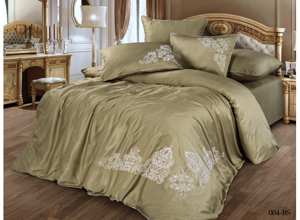 Комплект постельного белья Cleo Bamboo Satin с вышивкой (светло-бежевый) евро макси