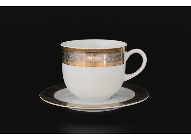Набор чайных пар Опал Широкий кант платина золото (чашка 270 мл + блюдце) на 6 персон 12 предметов
