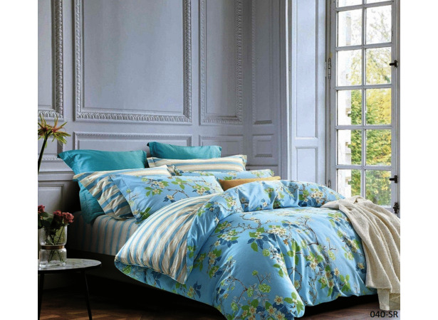 Комплект постельного  белья Cleo Цветы на голубом фоне сатин двуспальный