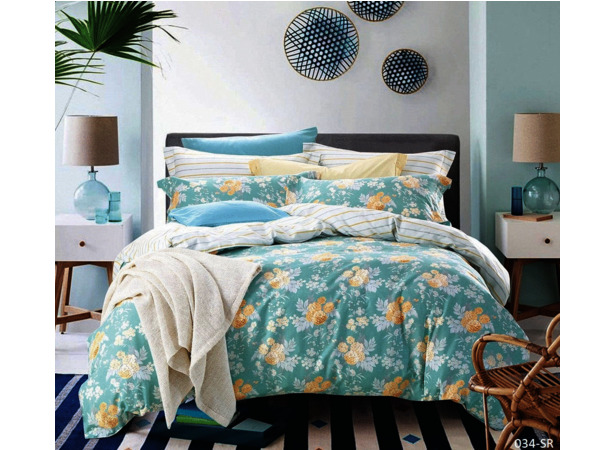 Комплект постельного белья Cleo Желтые цветы на голубом фоне сатин двуспальный
