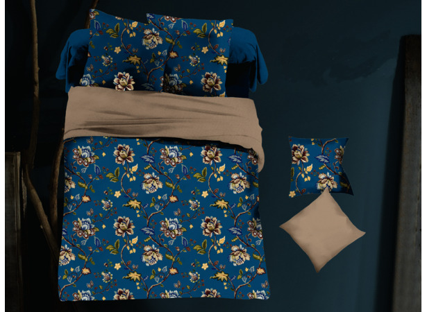Комплект постельного белья Cleo Цветочный орнамент на синем фоне микросатин 15 сп