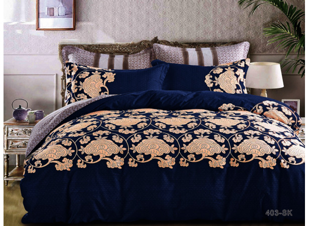 Комплект постельного белья Cleo Кремовые узоры на синем фоне сатин двуспальный
