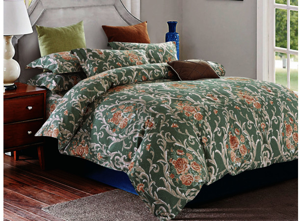 Комплект постельного белья Cleo Цветочный орнамент на серо-зеленом фоне сатин 15 сп