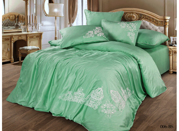 Комплект постельного белья Cleo Bamboo Satin с вышивкой (мятный) евро макси