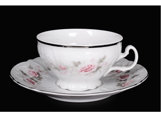 Набор чайных пар Бернадотт Серая роза платина (чашка 220 мл + блюдце) на 6 персон 12 предметов