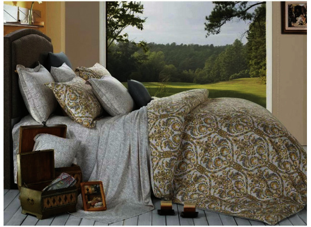 Комплект постельного белья Cleo Желтые узоры на сером фоне сатин двуспальный