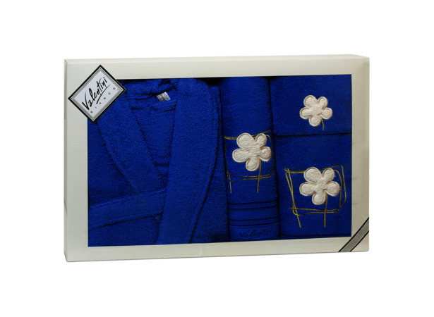 Набор Valentini Flower 2 голубой (халат разм L + 3 полотенца 30х50 см 50х100 см 70х140 см)