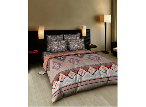 Комплект постельного белья Cleo Серо-оранжевые узоры 3D бязь двуспальный евро