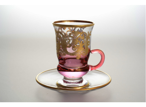 Набор чайных пар Золотые узоры Розовый фон (чашка 150 мл + блюдце) на 6 персон