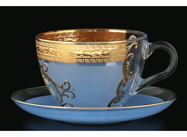 Набор чайных пар Версаче Охота синяя (чашка 220 мл + блюдце) на 6 персон