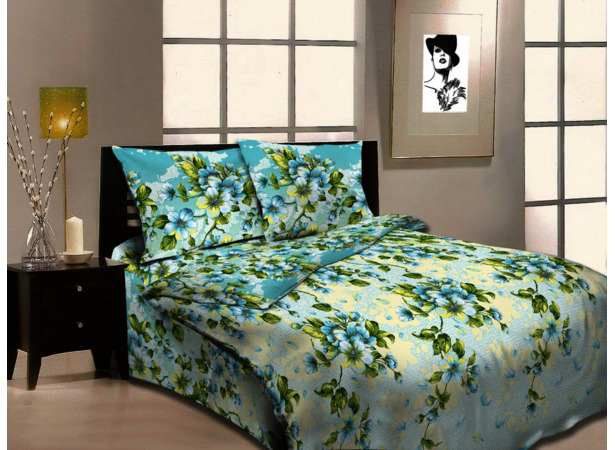 Комплект постельного белья Cleo Цветы на бело-голубом фоне 3D бязь двуспальный евро