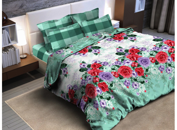 Комплект постельного белья Cleo Розовые и сиреневые цветы 3D бязь двуспальный евро